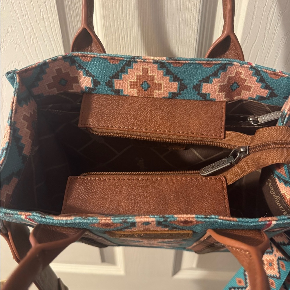 Wrangler Turquoise and Brown Geometric Tote - Picture 4 of 5